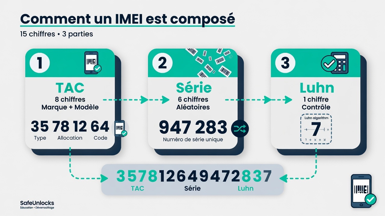 Étapes TAC, série et chiffre de Luhn pour composer un IMEI